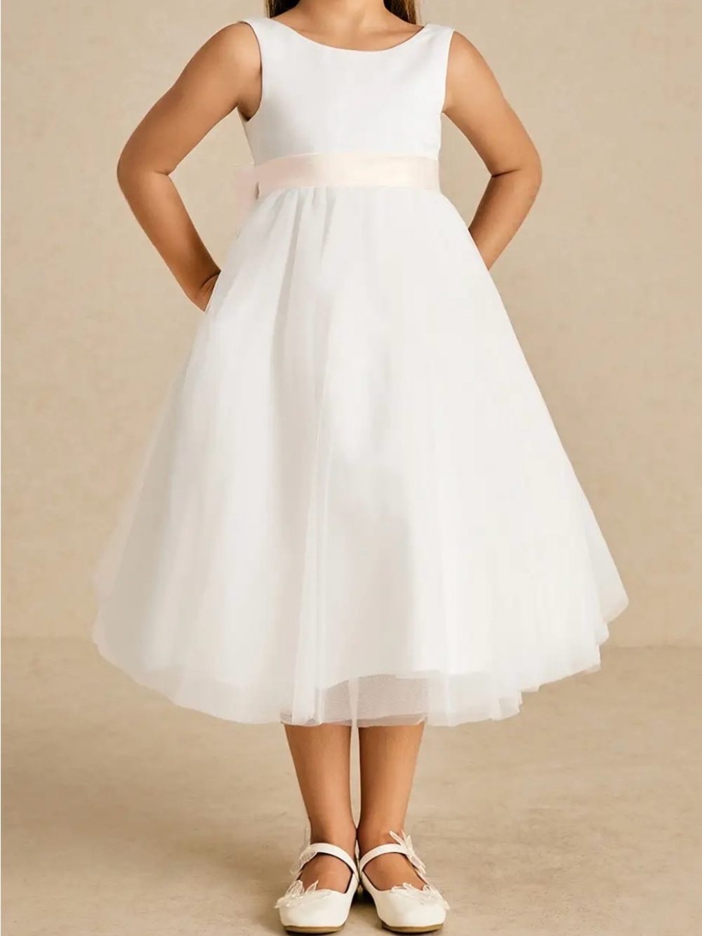 Azazie White Dress with Ivory Waistband for Girls